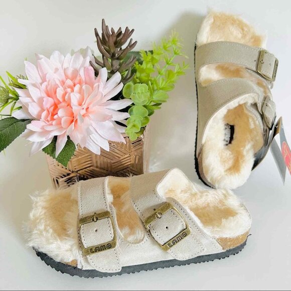 NWT LAMO Girls Faux Fur Lined Strap Grey/Tan Suede Sandals Slippers Size 2Y - Picture 1 of 12
